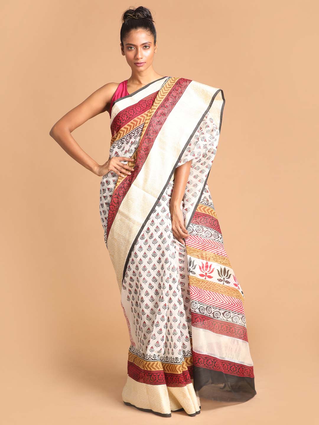 Indethnic Printed Cotton Blend Saree in Black - View 1