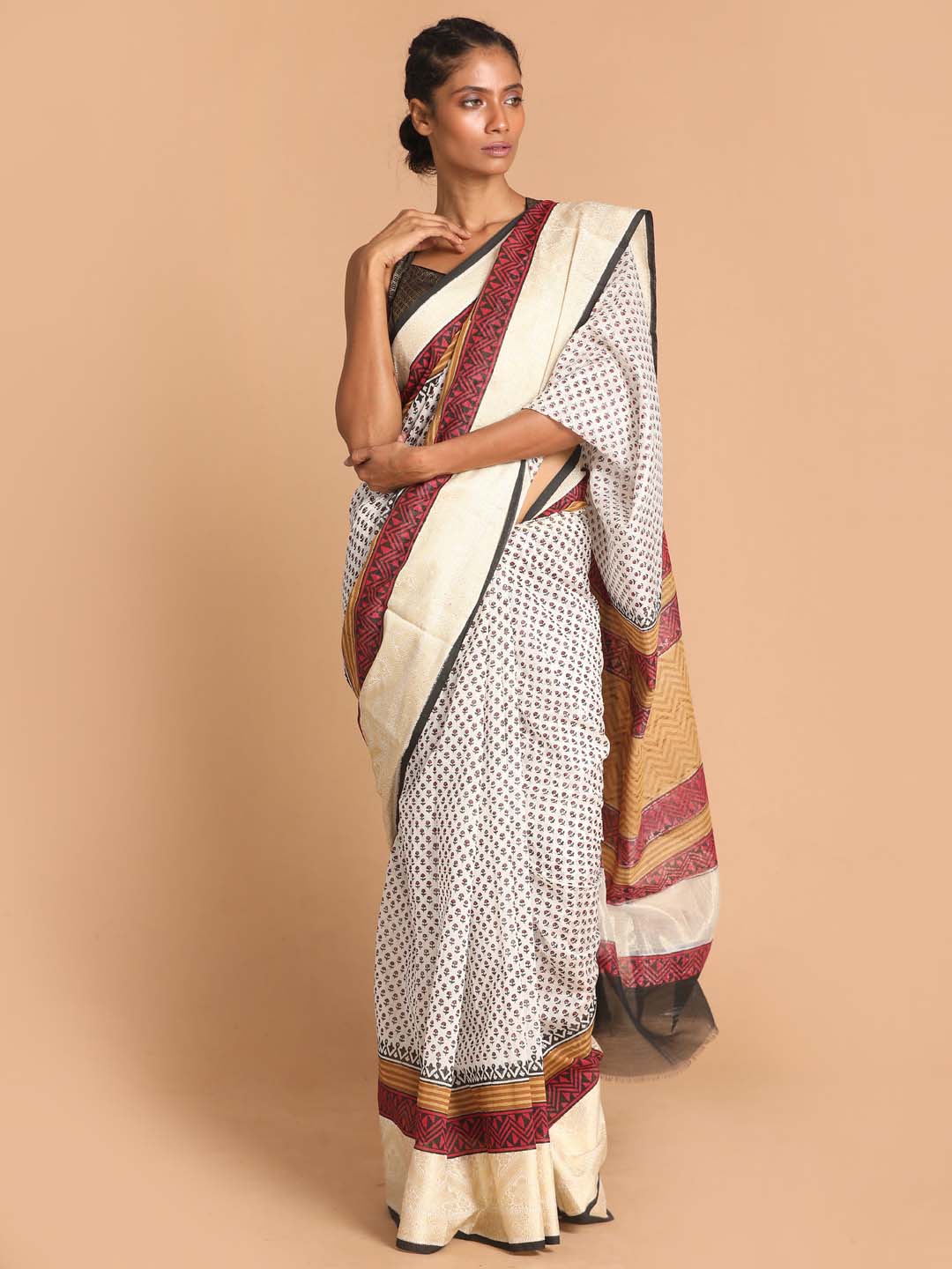 Indethnic Printed Cotton Blend Saree in Black - View 1