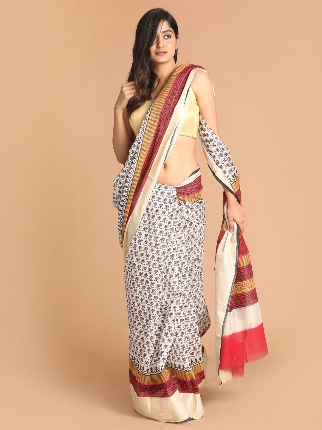 Indethnic Printed Cotton Blend Saree in Black - View 1