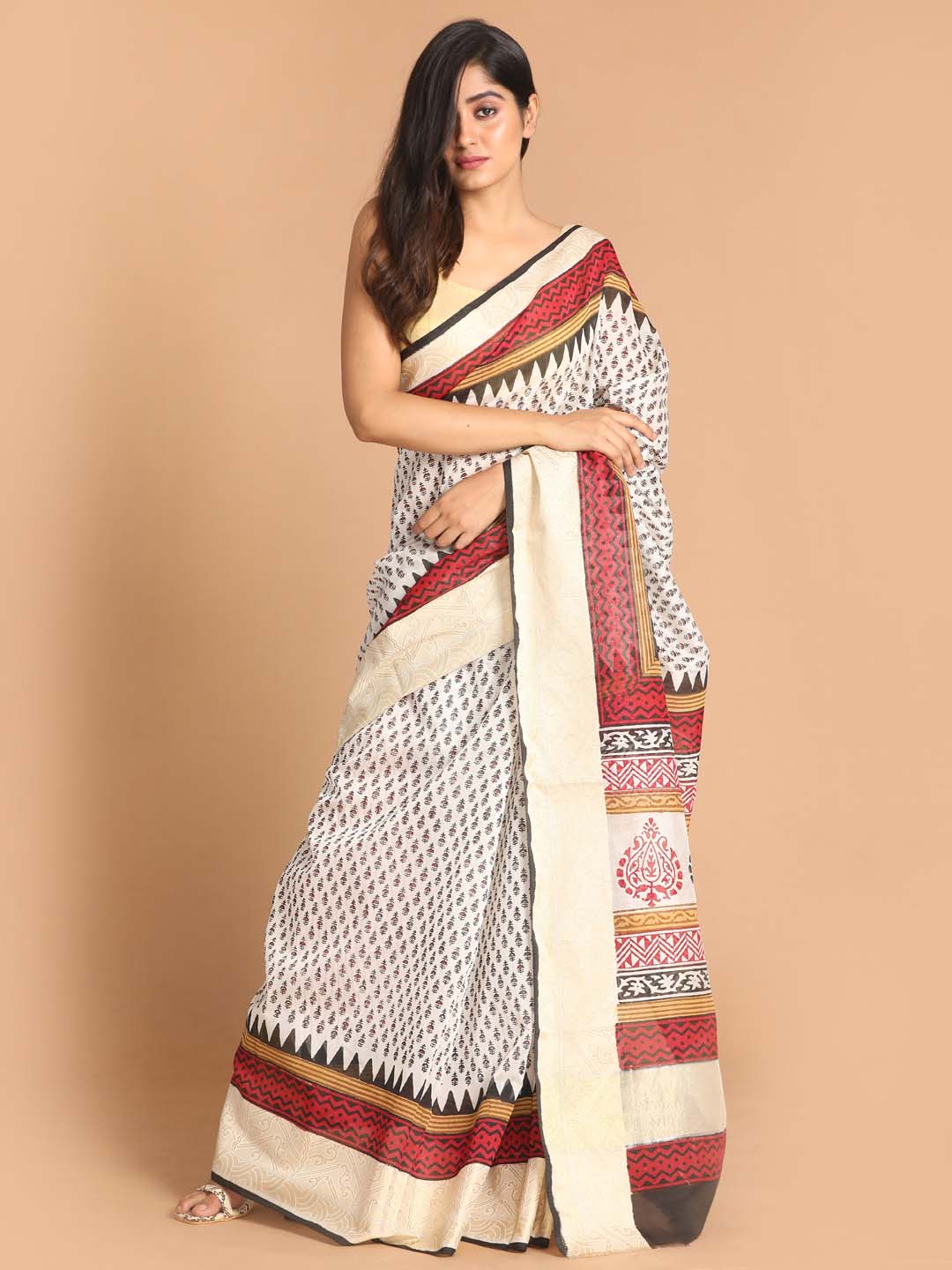 Indethnic Printed Cotton Blend Saree in Black - View 1