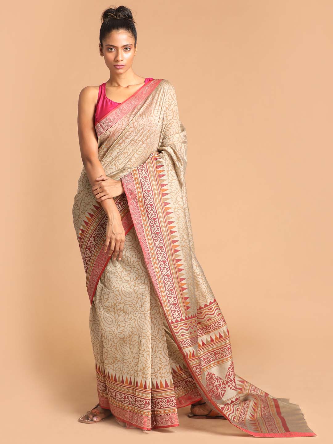 Indethnic Printed Cotton Blend Saree in Beige - View 1