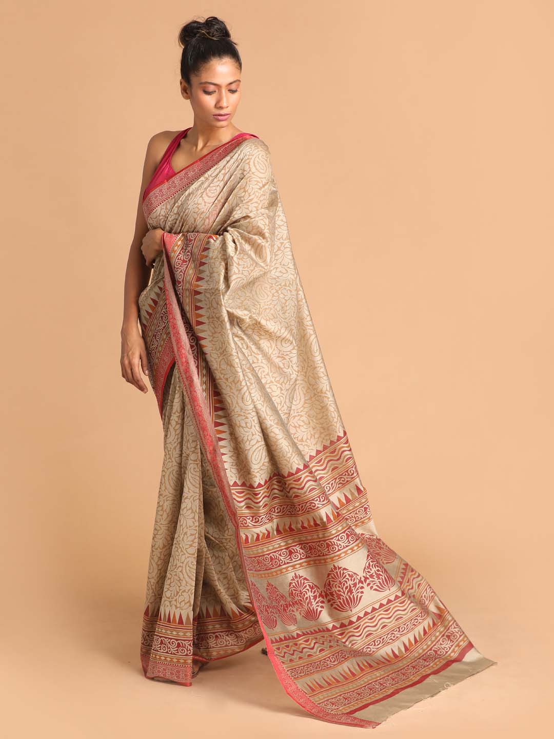 Indethnic Printed Cotton Blend Saree in Beige - View 2