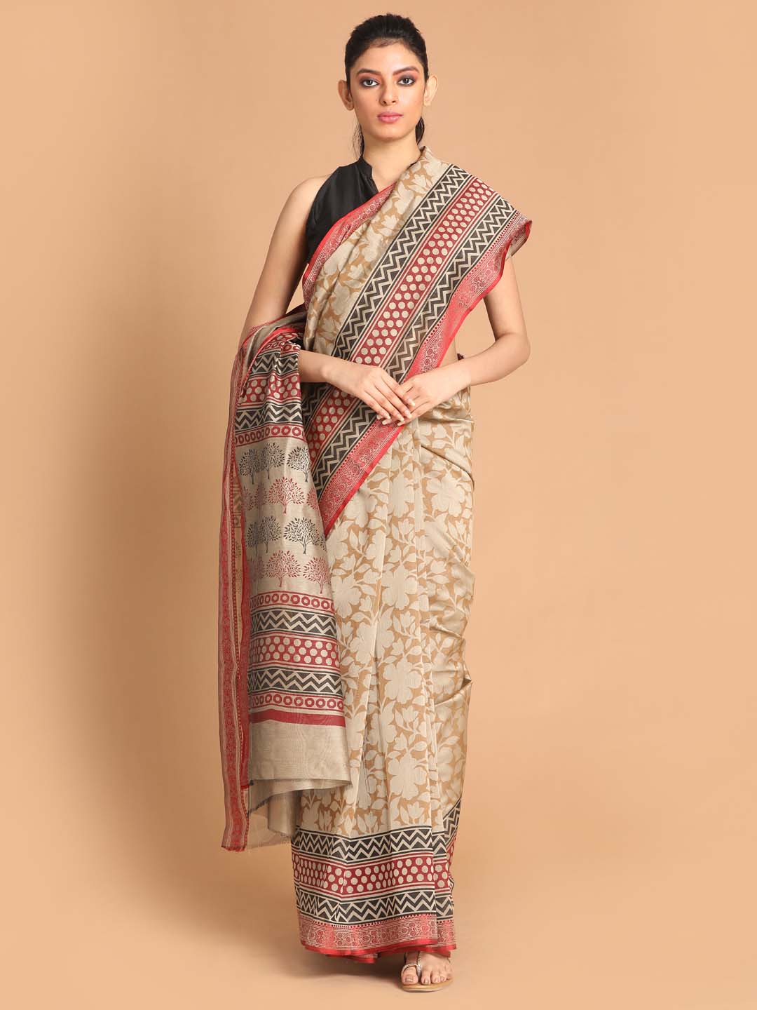 Indethnic Printed Cotton Blend Saree in Beige - View 1