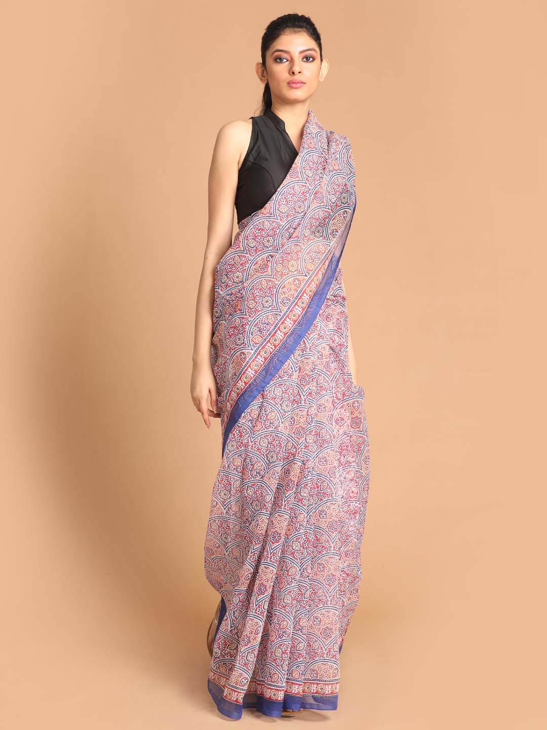 Indethnic Printed Super Net Saree in Blue - View 1