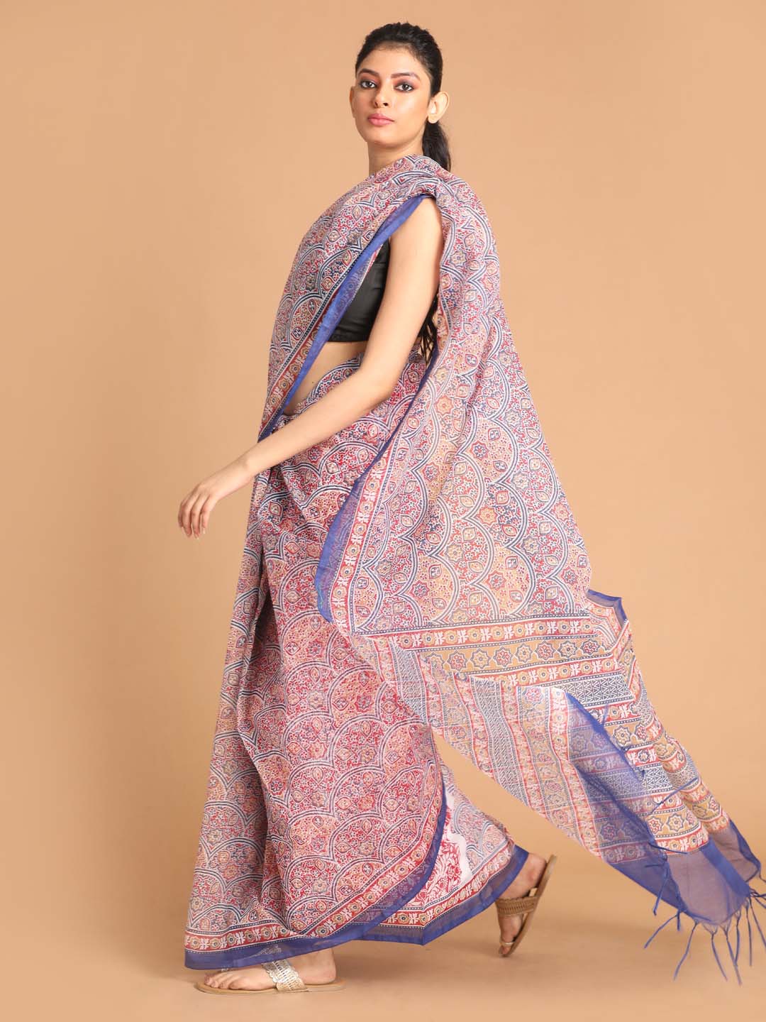 Indethnic Printed Super Net Saree in Blue - View 2