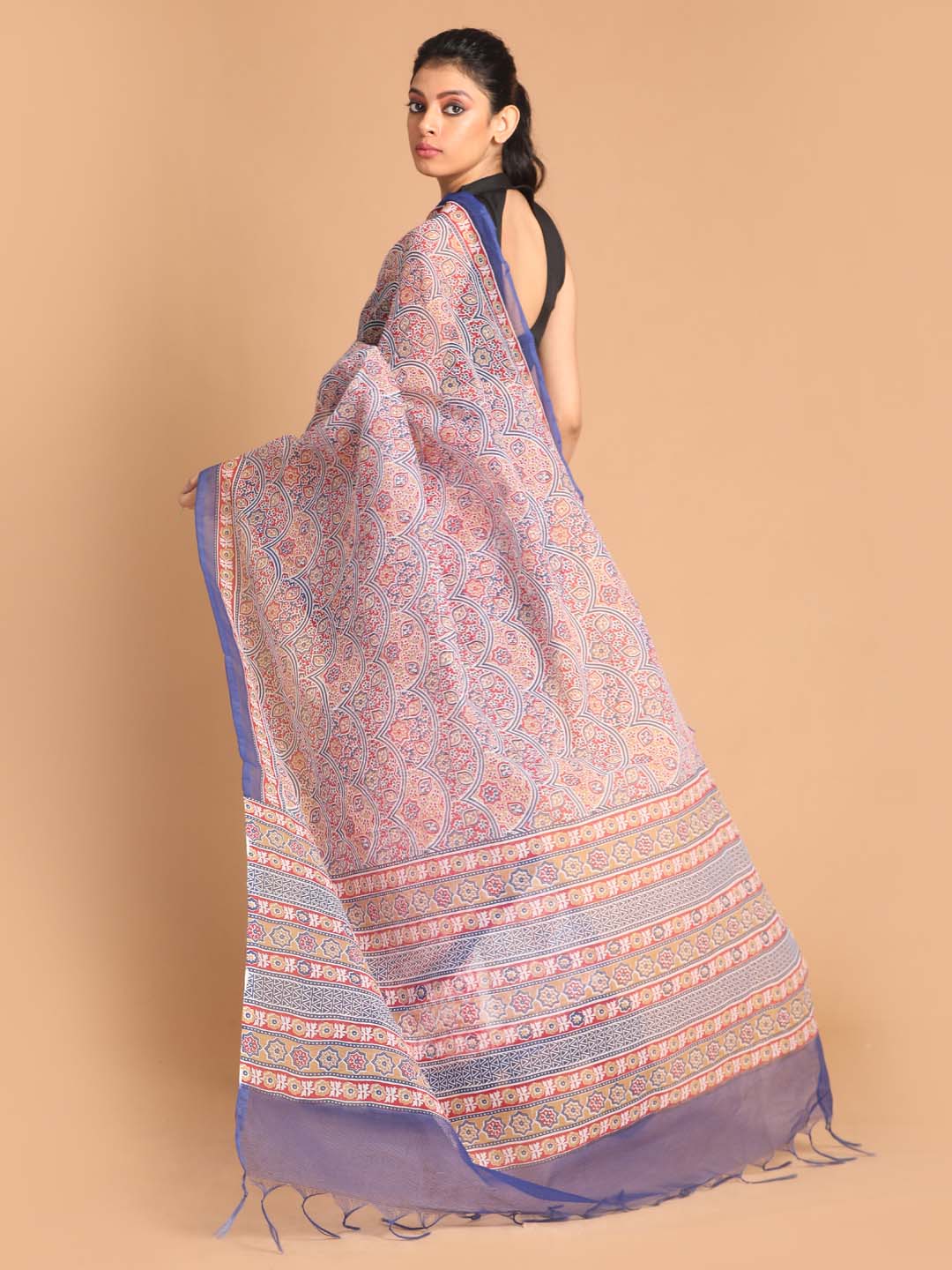 Indethnic Printed Super Net Saree in Blue - View 3