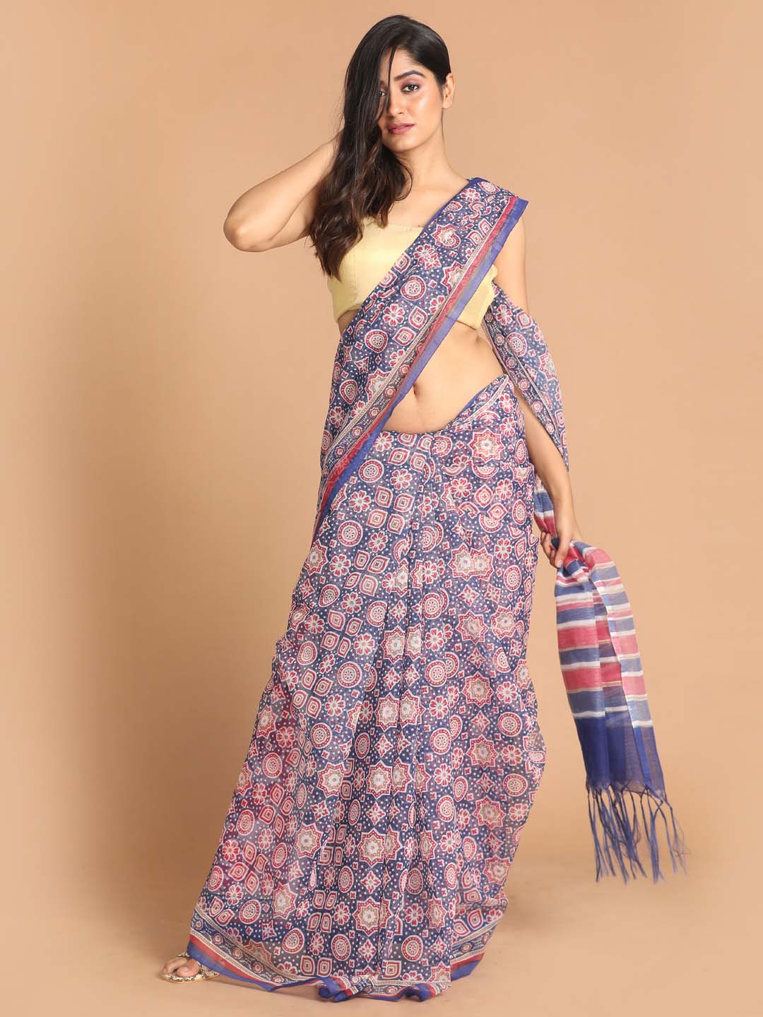 Indethnic Printed Super Net Saree in Blue - View 1
