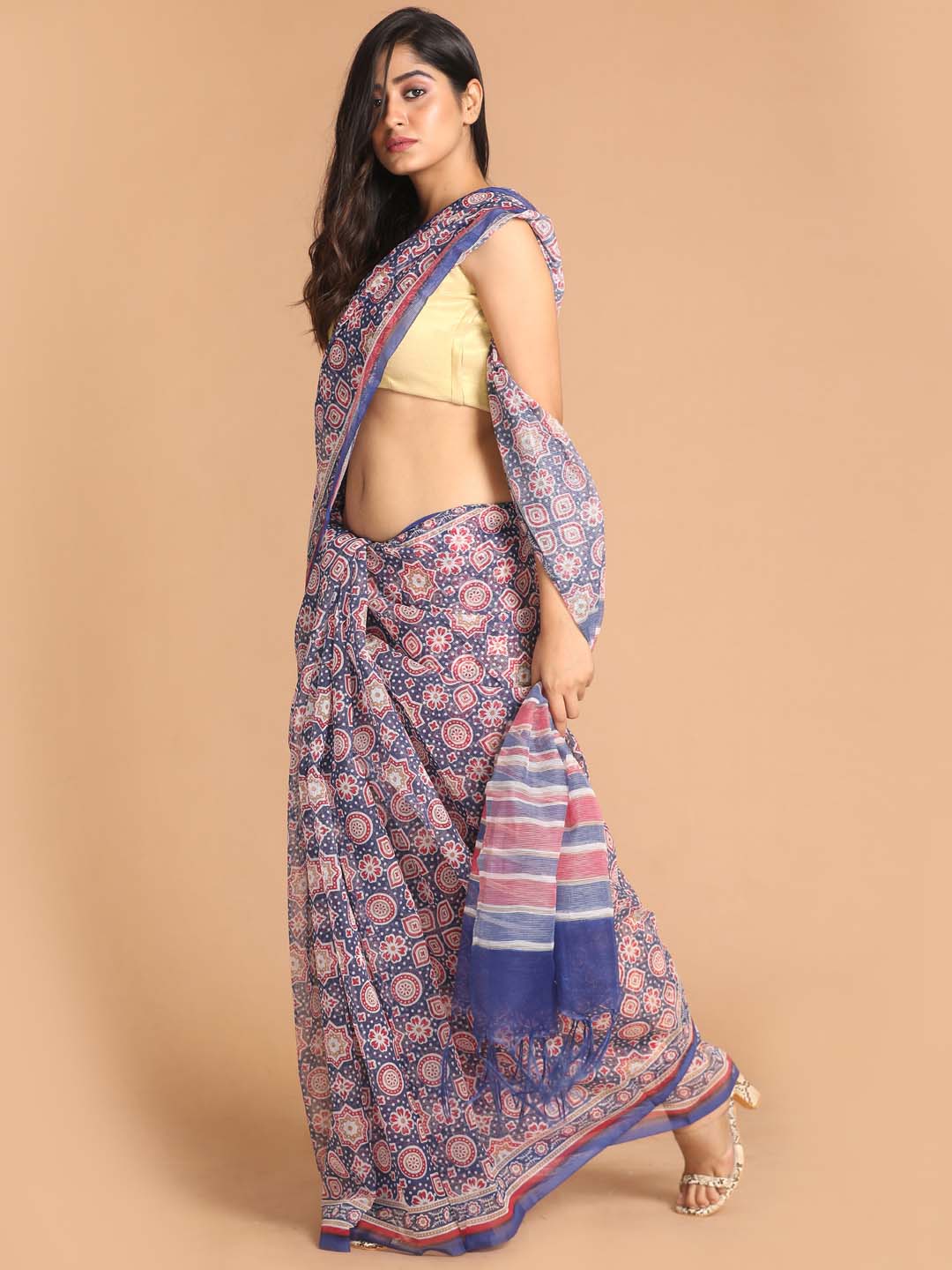 Indethnic Printed Super Net Saree in Blue - View 2