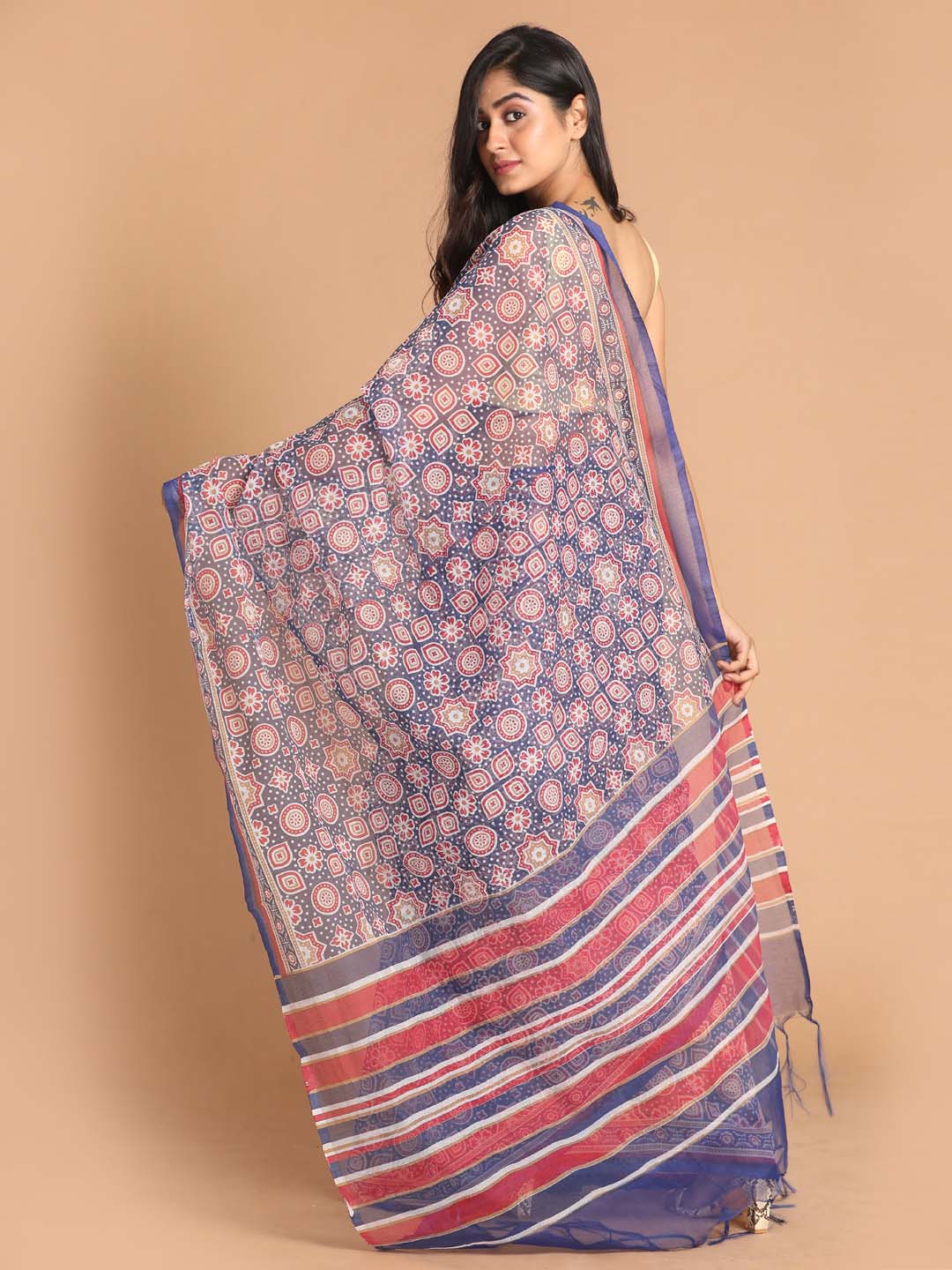 Indethnic Printed Super Net Saree in Blue - View 3