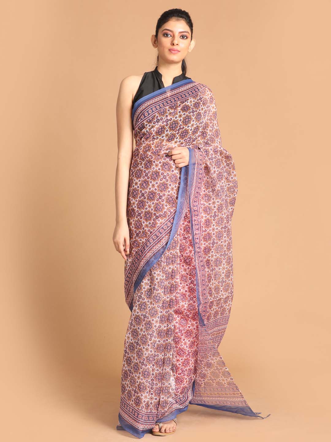 Indethnic Printed Super Net Saree in Blue - View 1