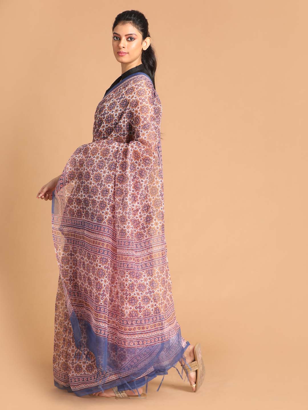 Indethnic Printed Super Net Saree in Blue - View 2