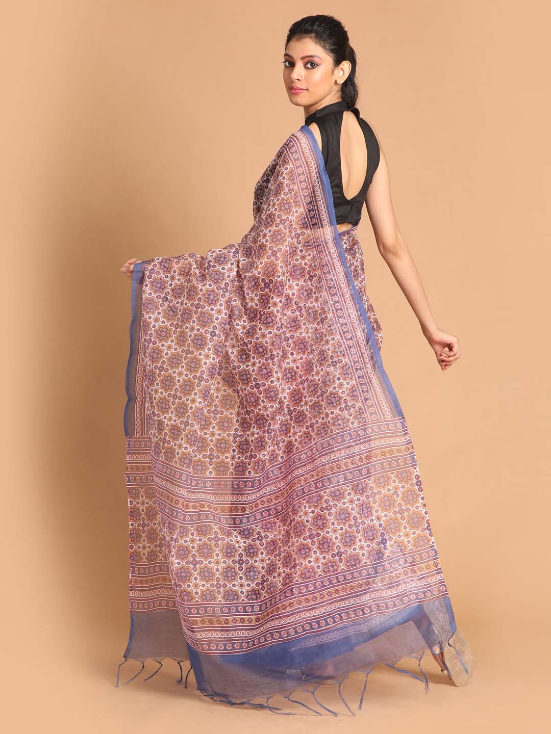 Indethnic Printed Super Net Saree in Blue - View 3