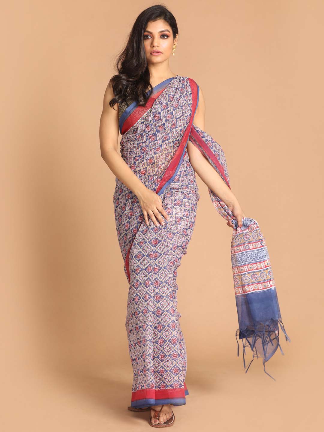 Indethnic Printed Super Net Saree in Blue - View 1