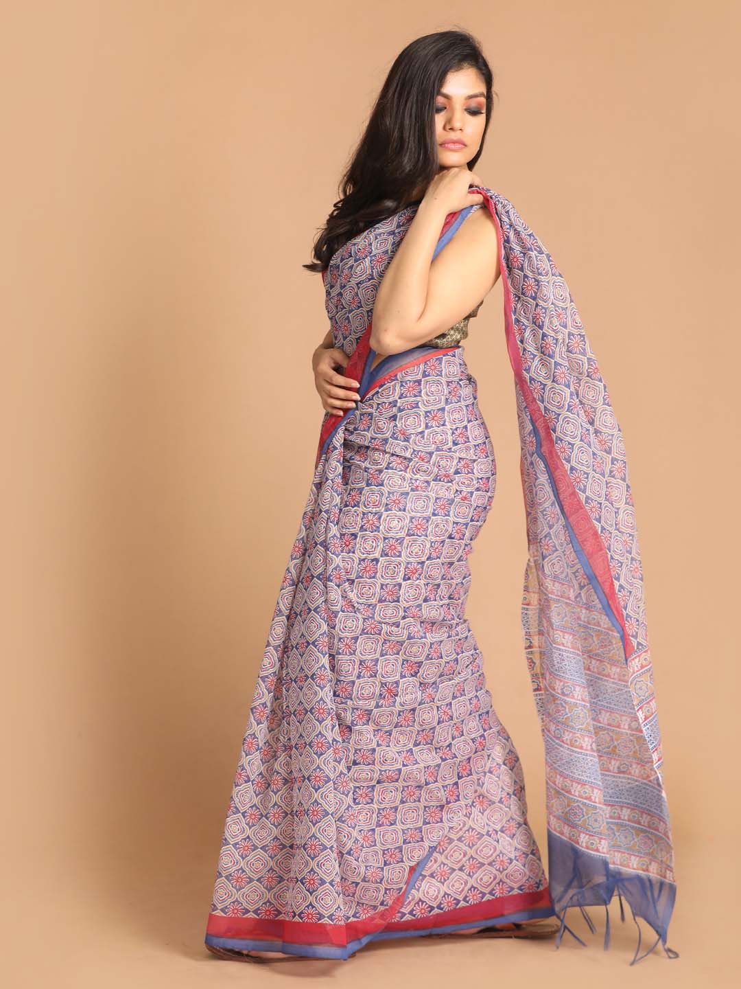 Indethnic Printed Super Net Saree in Blue - View 2