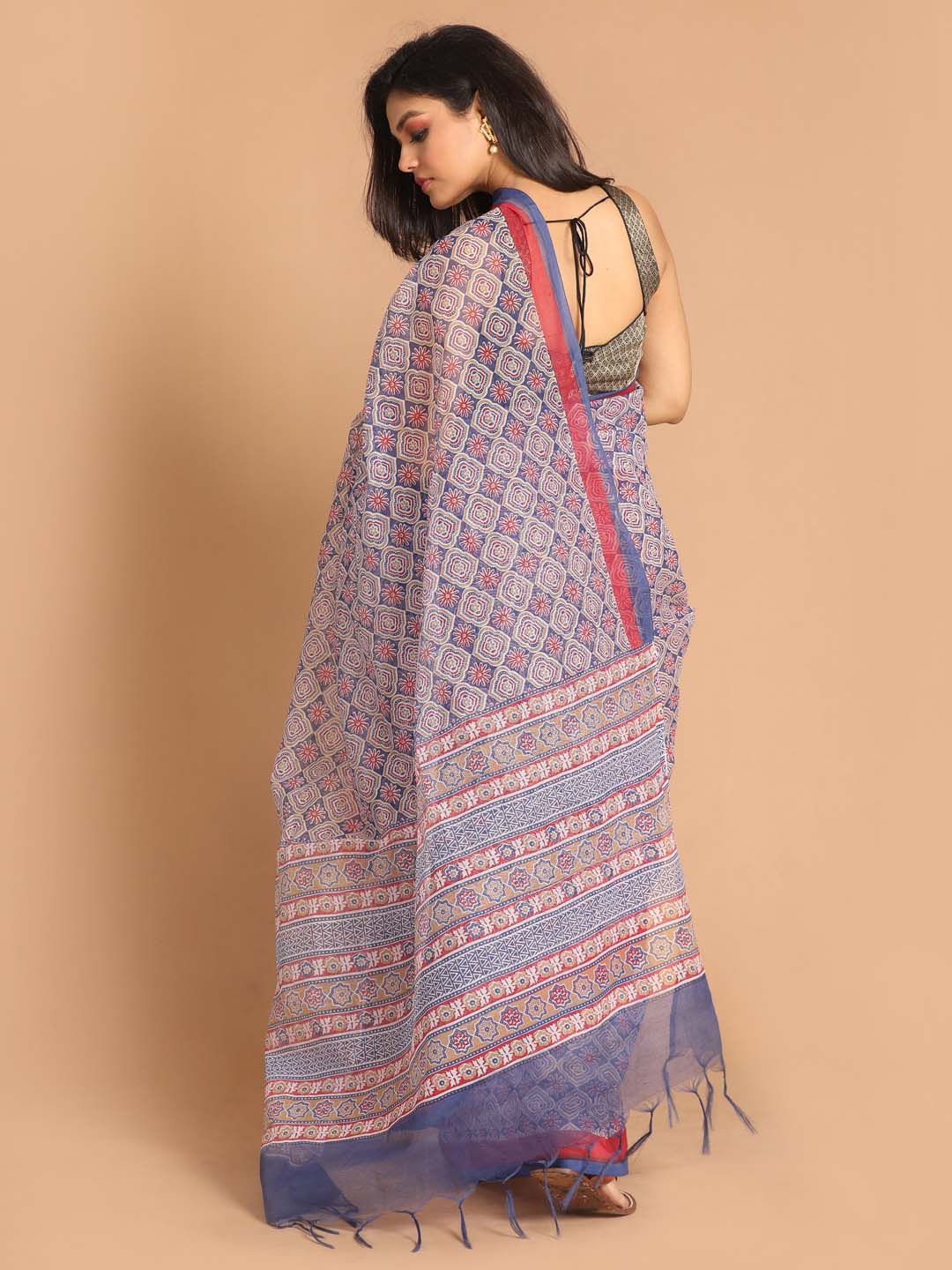 Indethnic Printed Super Net Saree in Blue - View 3