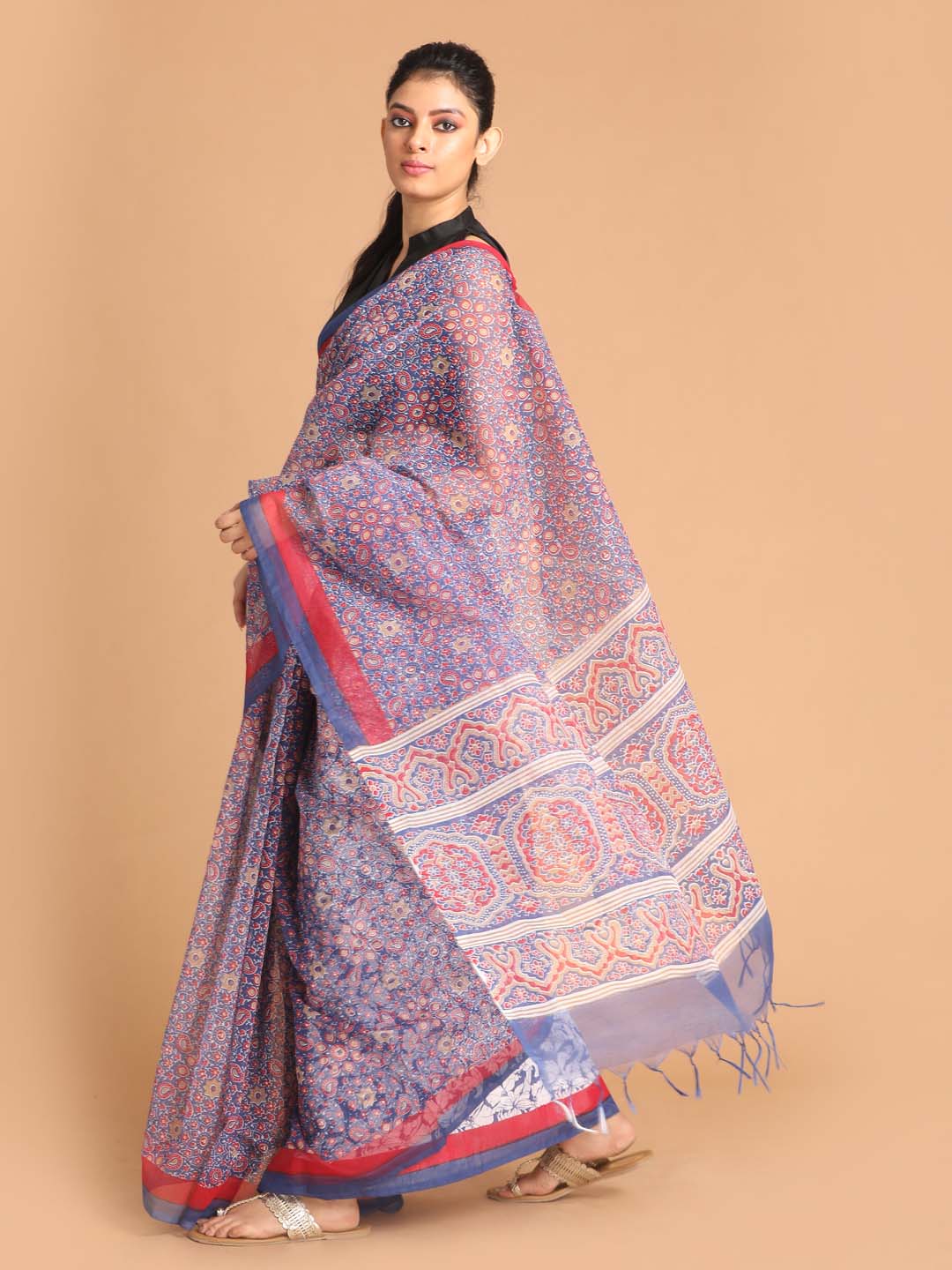 Indethnic Printed Super Net Saree in Blue - View 2