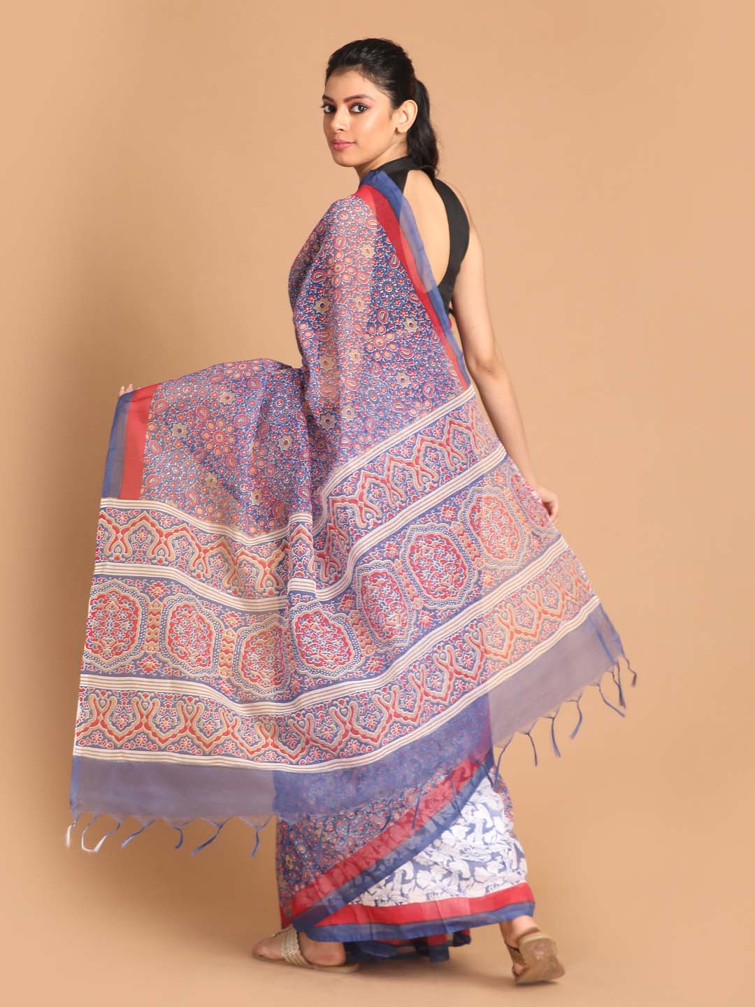 Indethnic Printed Super Net Saree in Blue - View 3