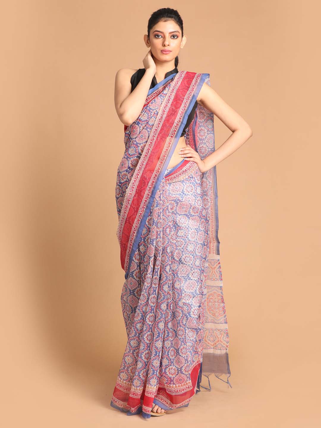 Indethnic Printed Super Net Saree in Blue - View 1