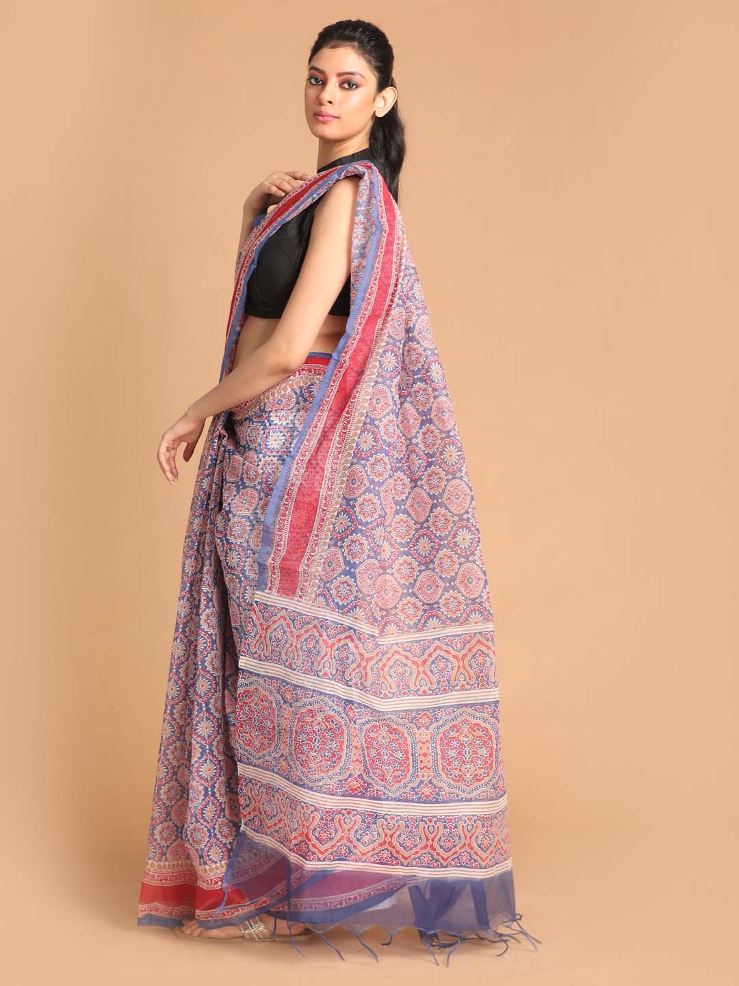 Indethnic Printed Super Net Saree in Blue - View 3