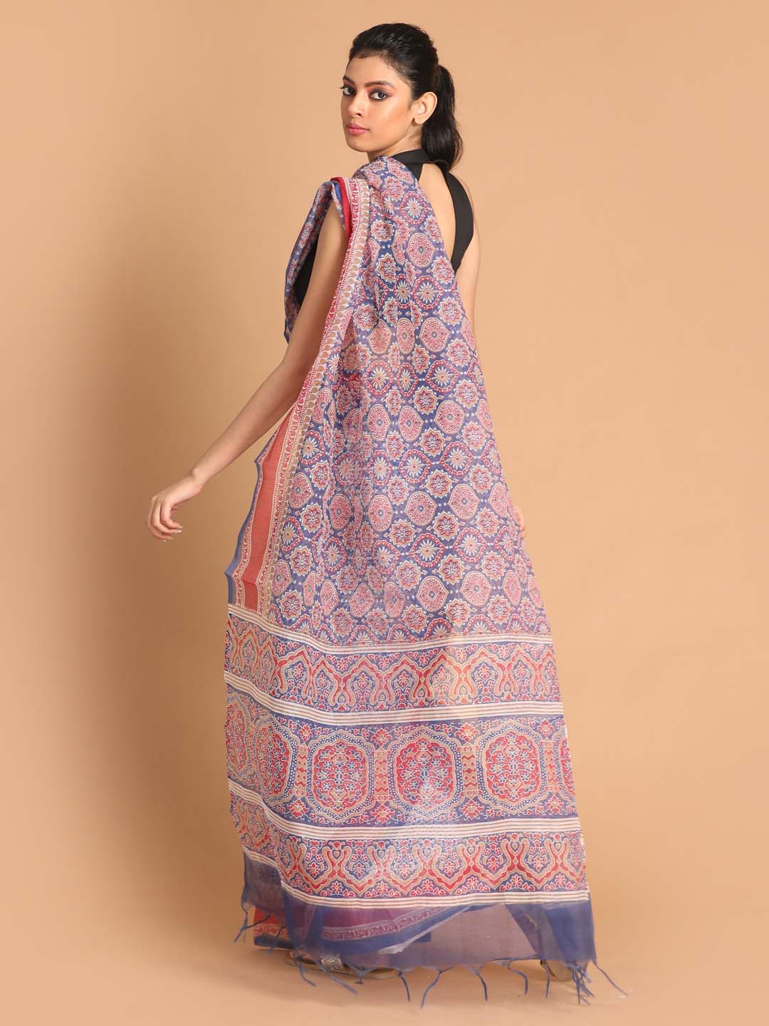 Indethnic Printed Super Net Saree in Blue - View 2