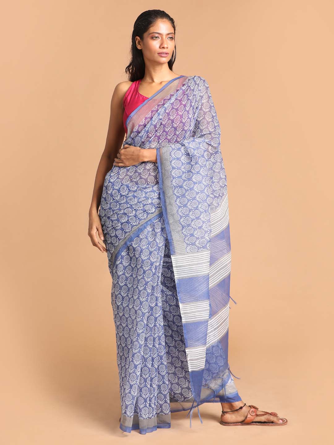 Indethnic Printed Super Net Saree in Blue - View 1