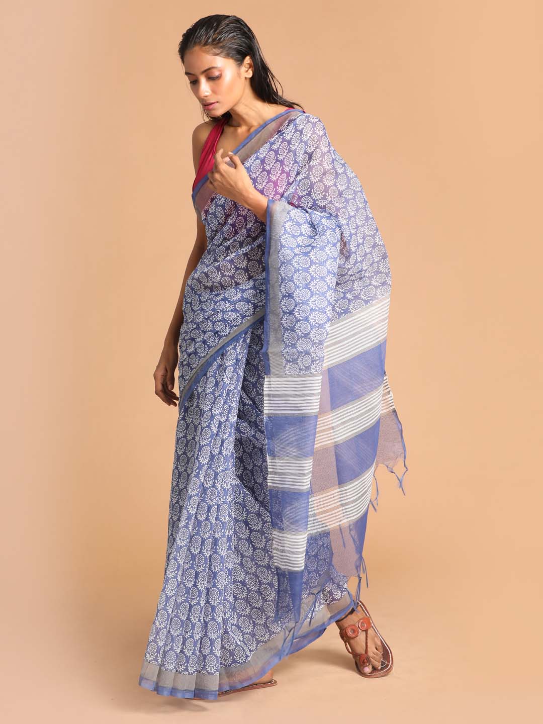 Indethnic Printed Super Net Saree in Blue - View 2