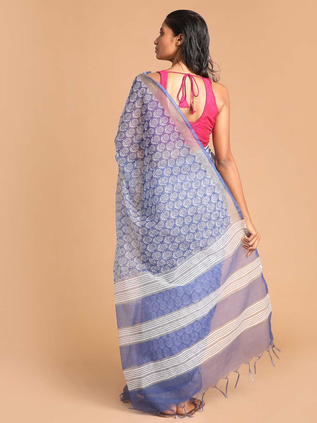 Indethnic Printed Super Net Saree in Blue - View 3