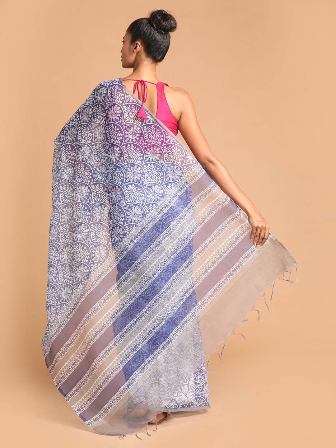 Indethnic Printed Super Net Saree in Blue - View 3