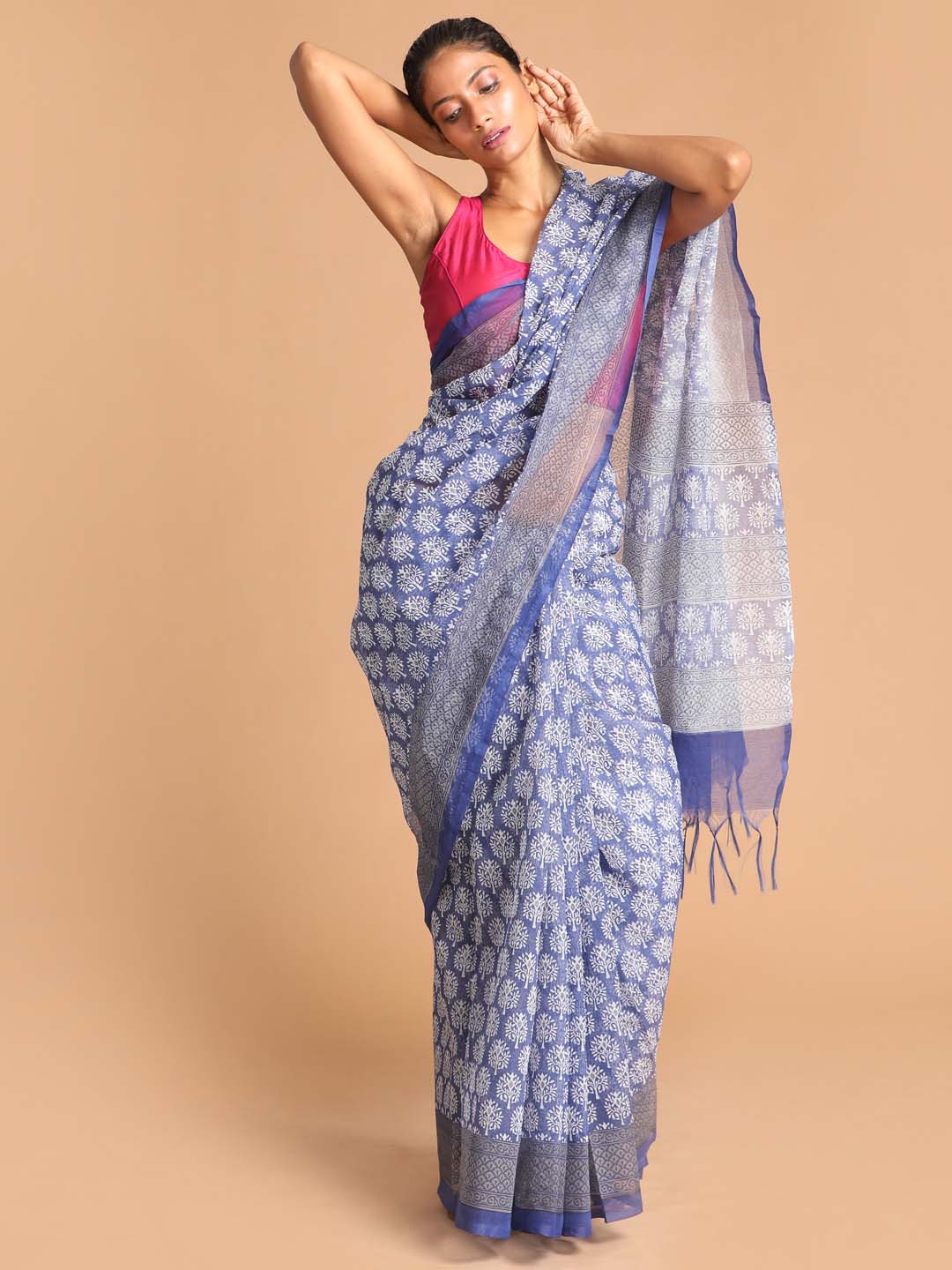 Indethnic Printed Super Net Saree in Blue - View 1