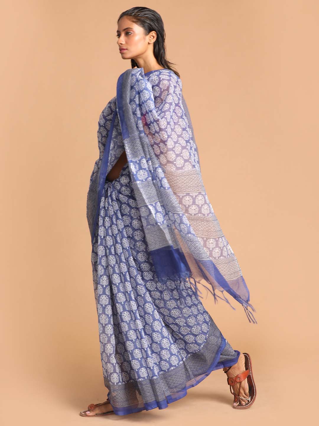 Indethnic Printed Super Net Saree in Blue - View 2