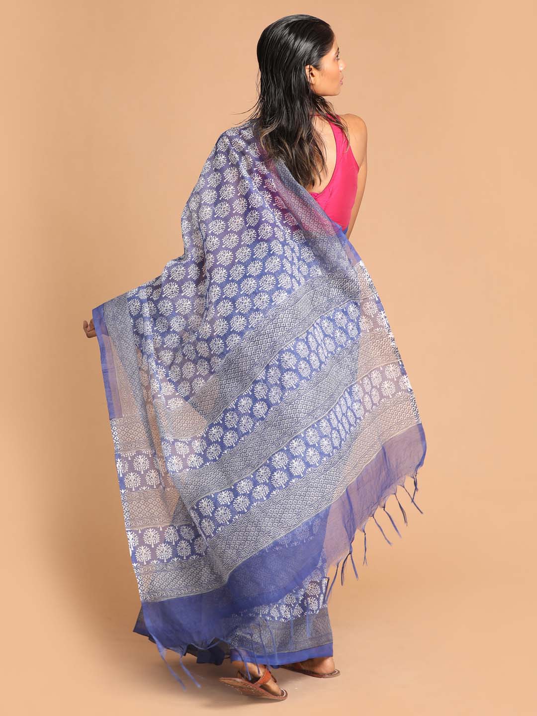 Indethnic Printed Super Net Saree in Blue - View 3