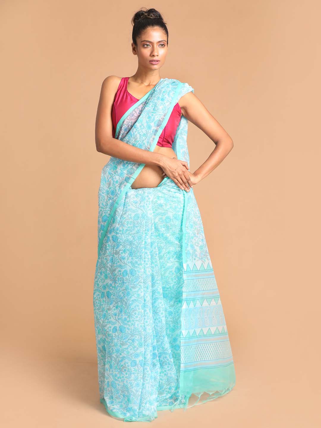 Indethnic Printed Super Net Saree in Blue - View 1