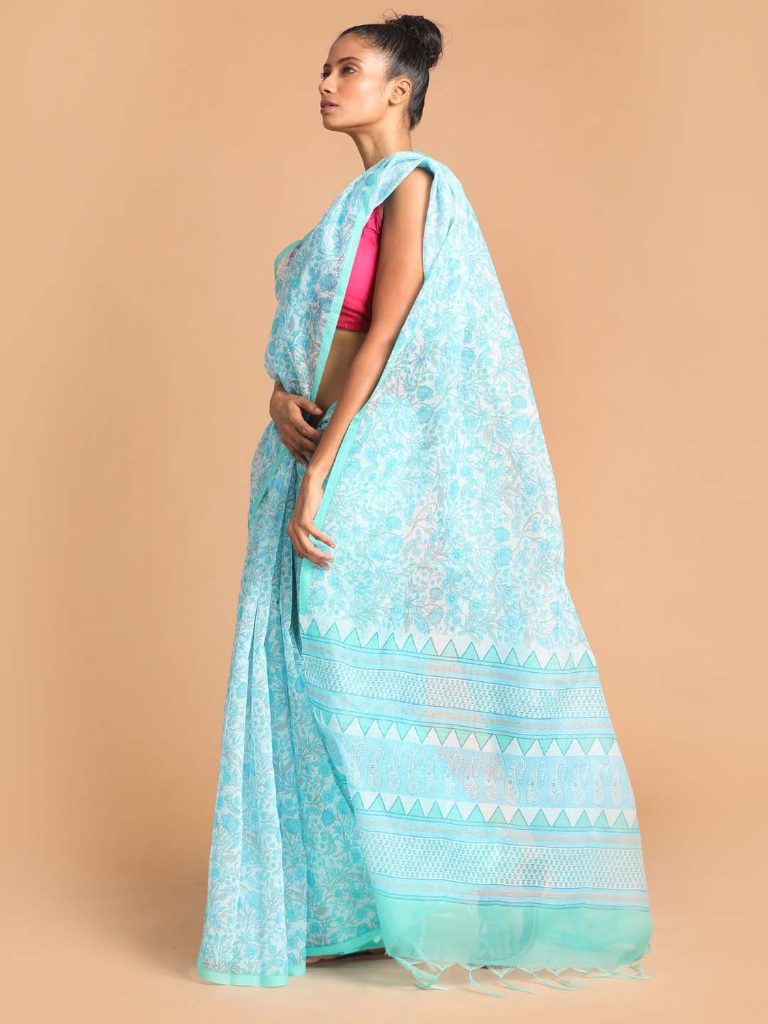 Indethnic Printed Super Net Saree in Blue - View 2