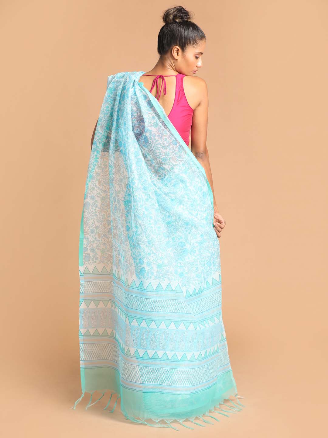 Indethnic Printed Super Net Saree in Blue - View 3