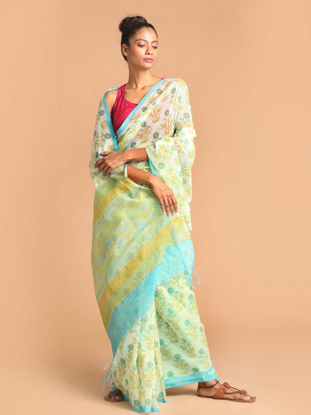 Indethnic Printed Super Net Saree in Blue - View 1