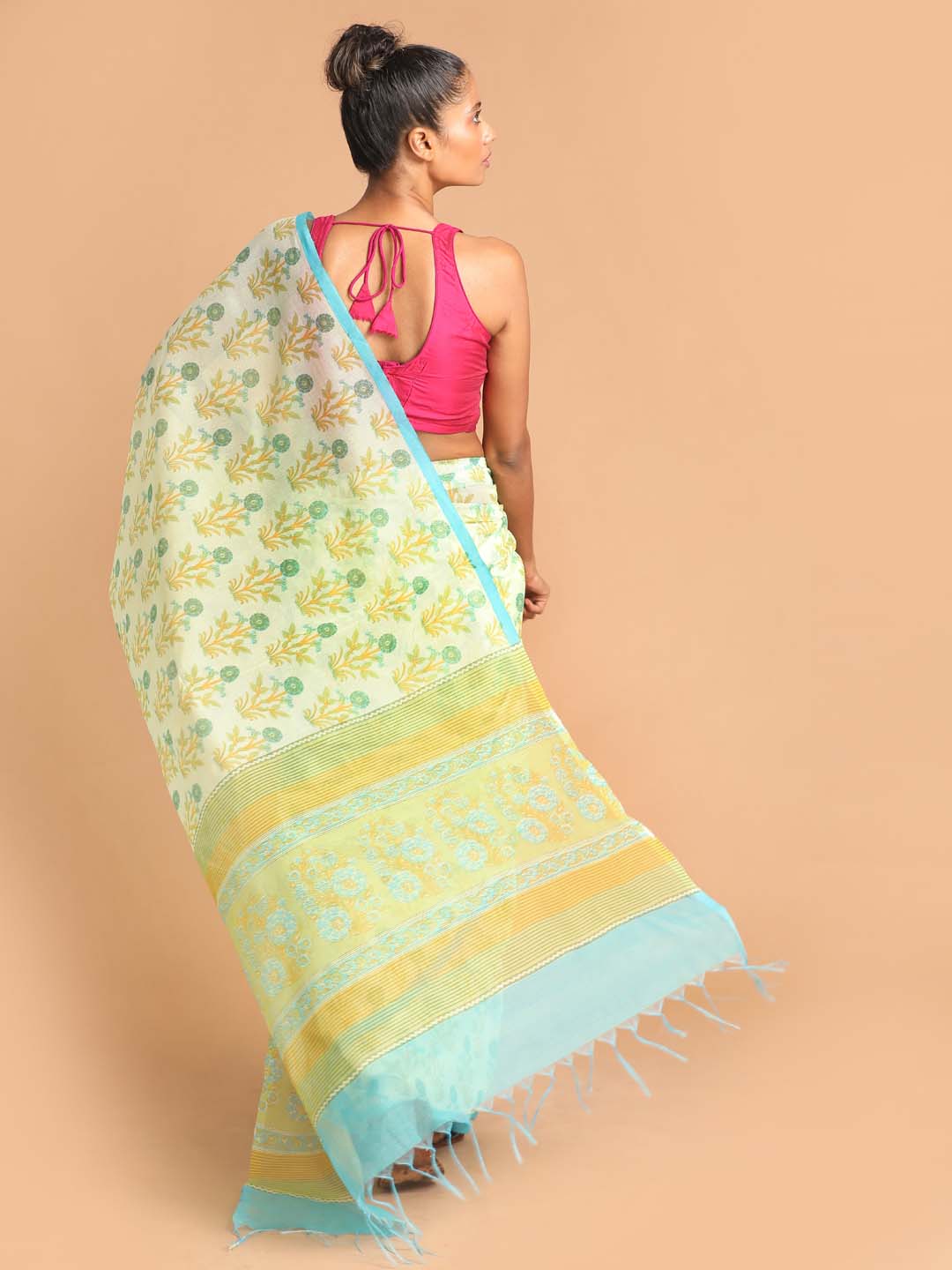 Indethnic Printed Super Net Saree in Blue - View 3