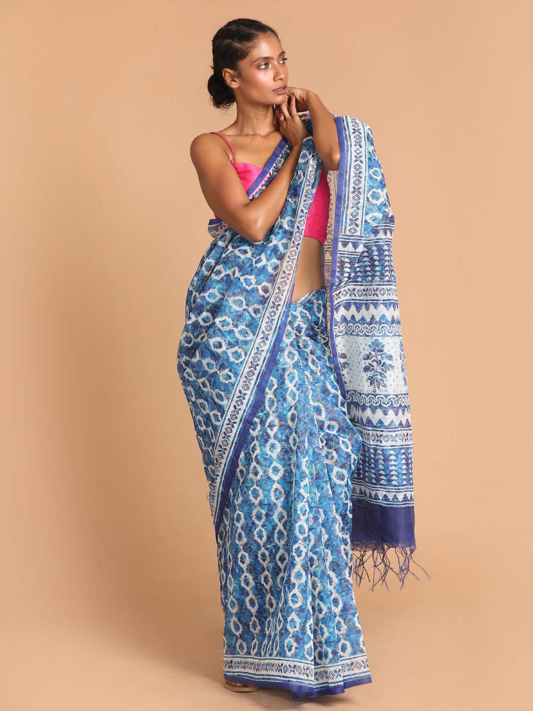 Indethnic Printed Super Net Saree in Blue - View 1