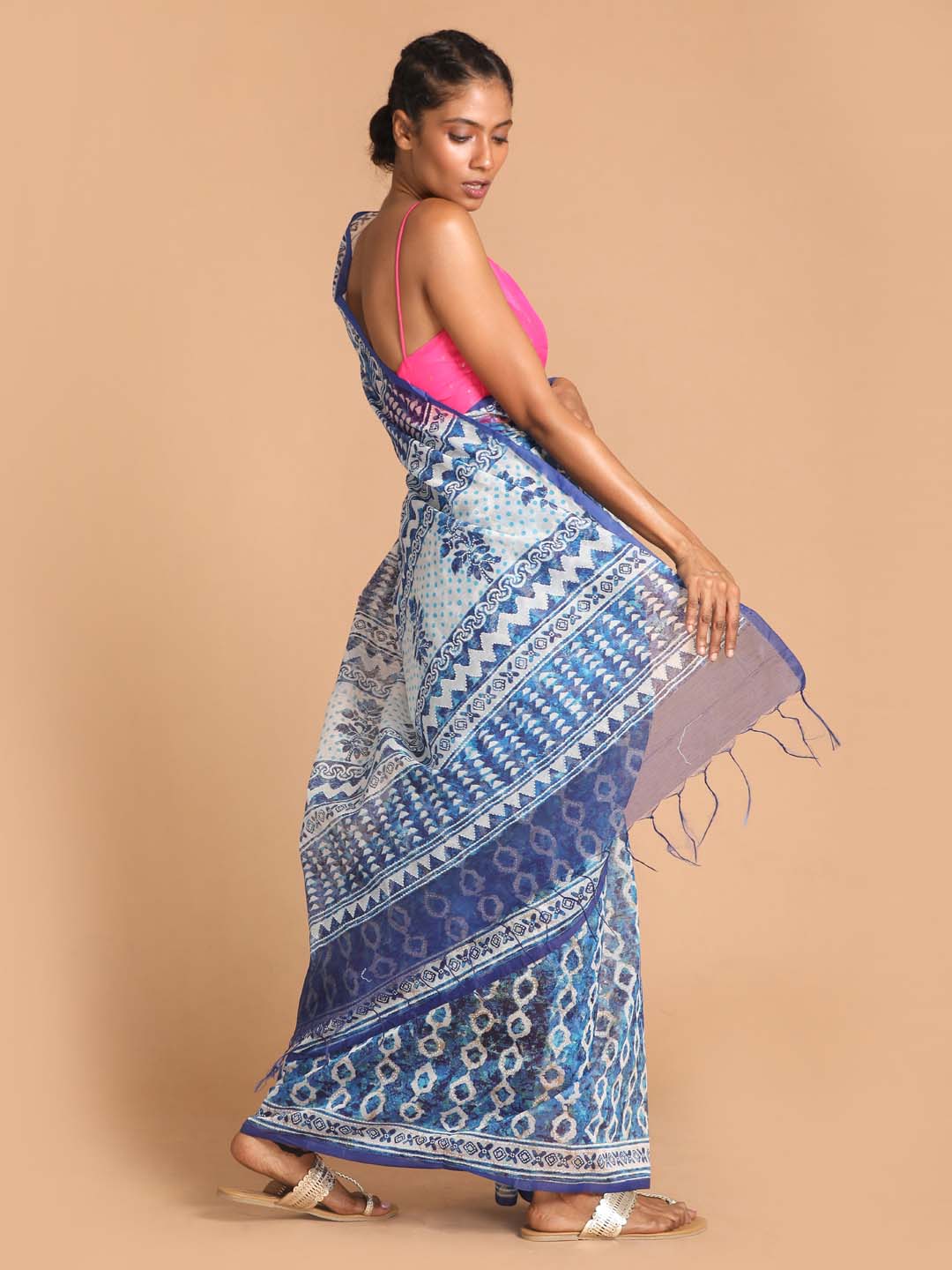 Indethnic Printed Super Net Saree in Blue - View 2