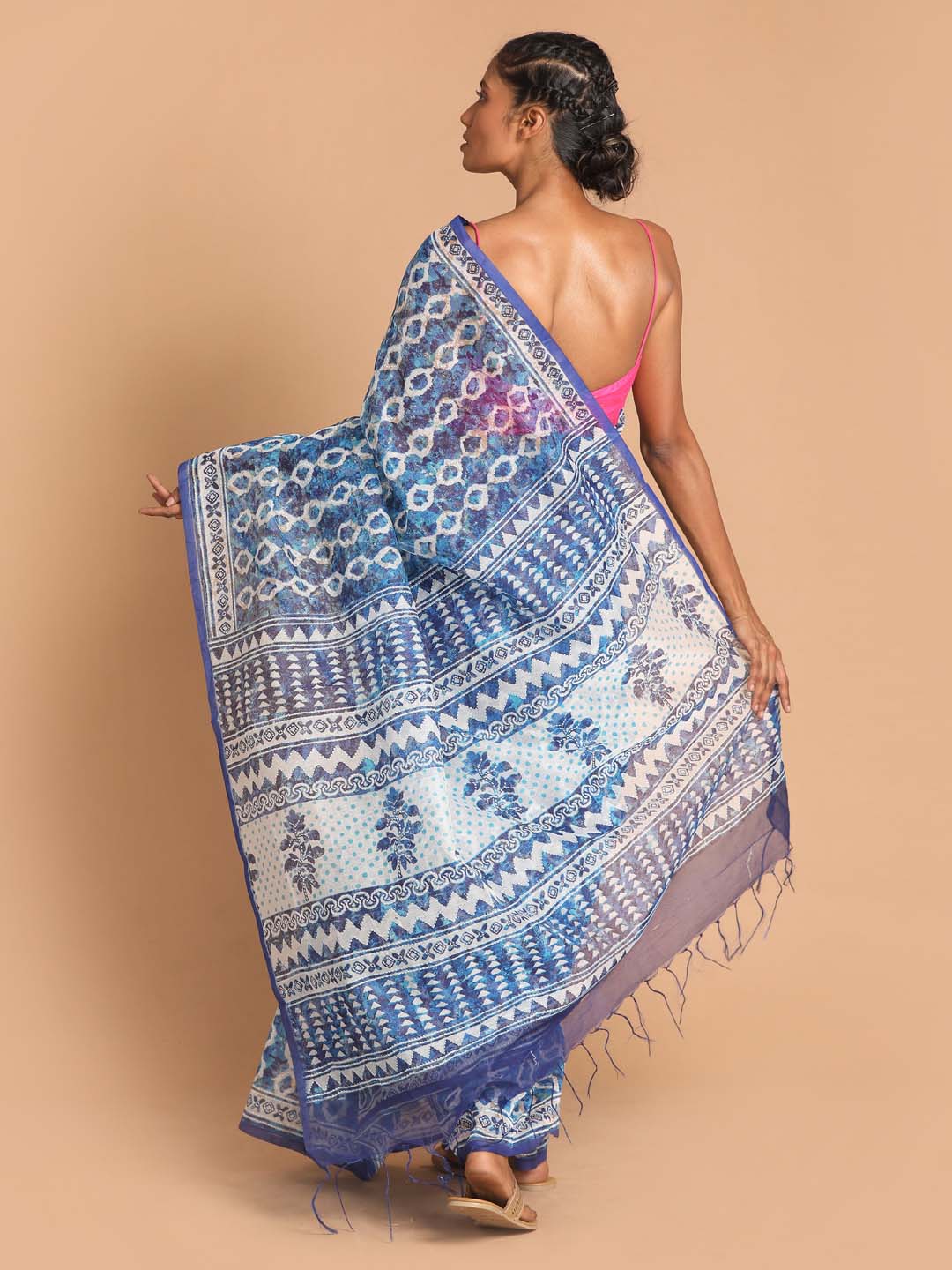 Indethnic Printed Super Net Saree in Blue - View 3