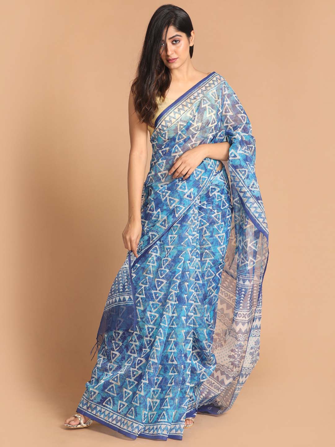 Indethnic Printed Super Net Saree in Blue - View 1