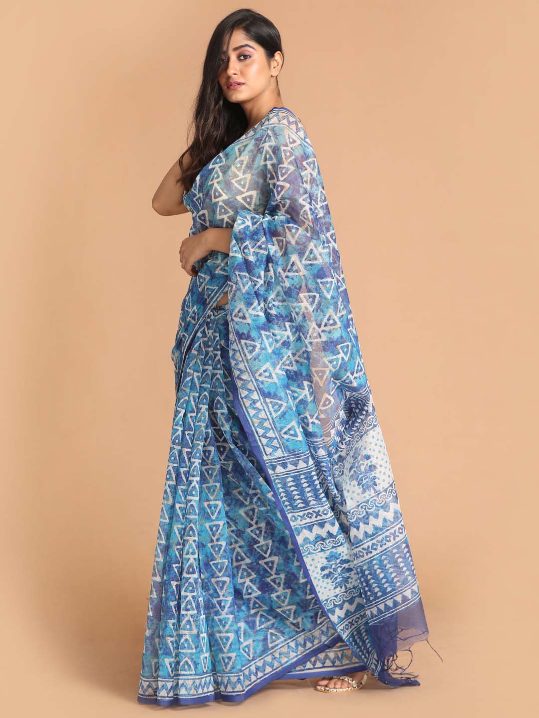 Indethnic Printed Super Net Saree in Blue - View 2