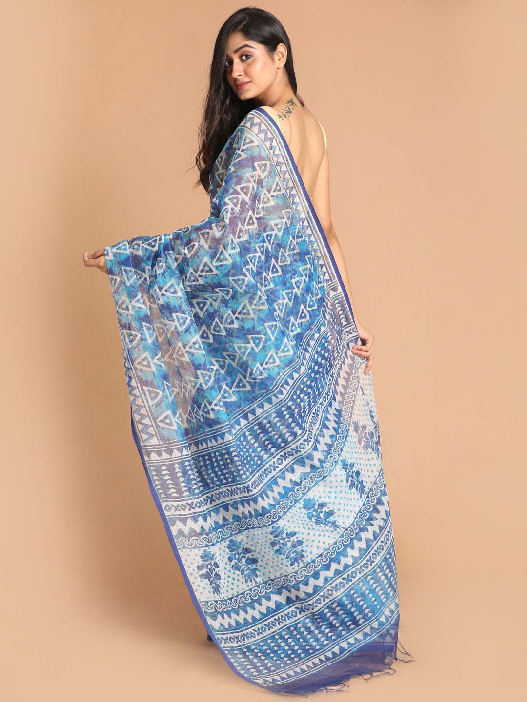 Indethnic Printed Super Net Saree in Blue - View 3