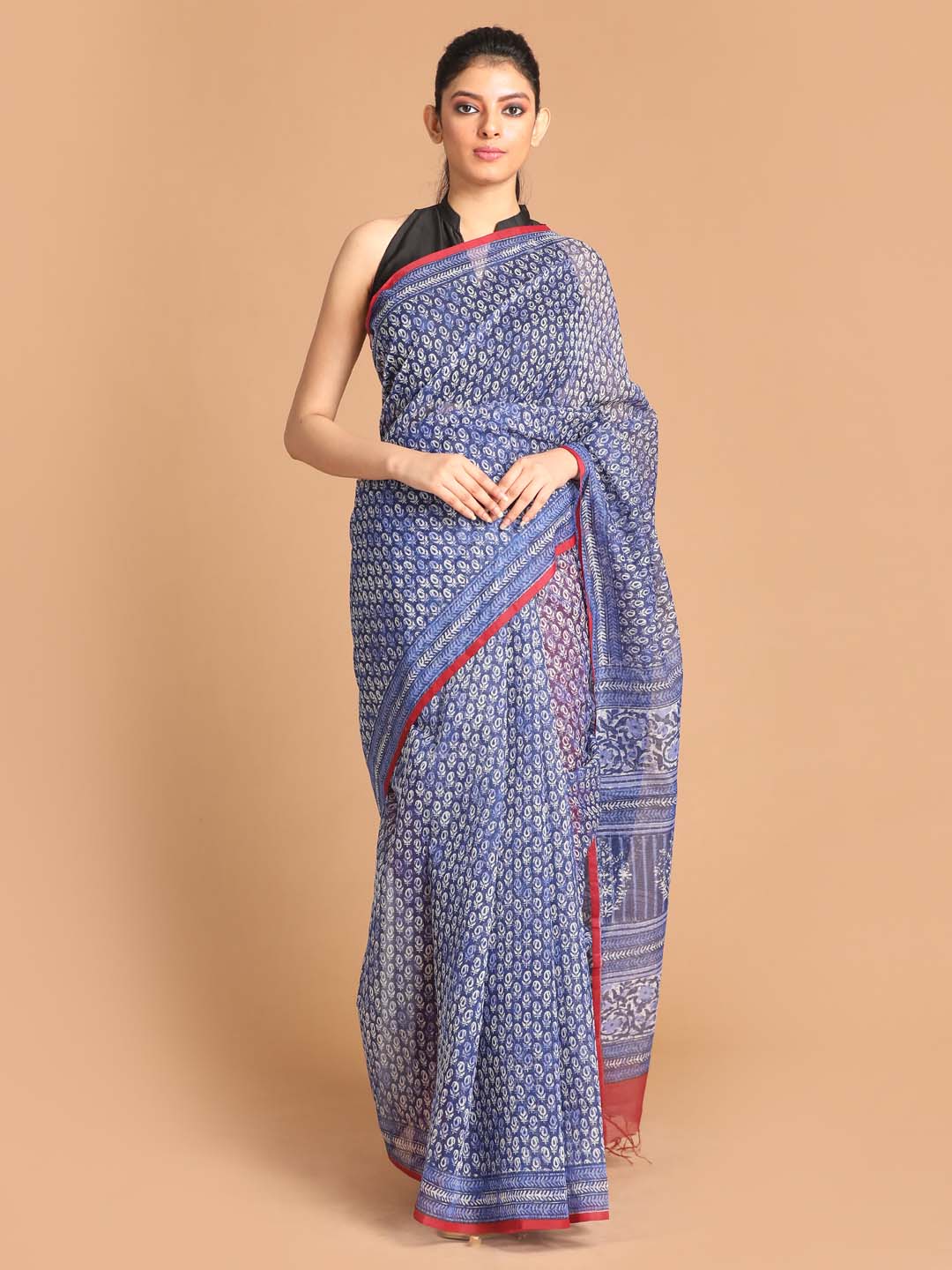 Indethnic Printed Super Net Saree in Blue - View 1