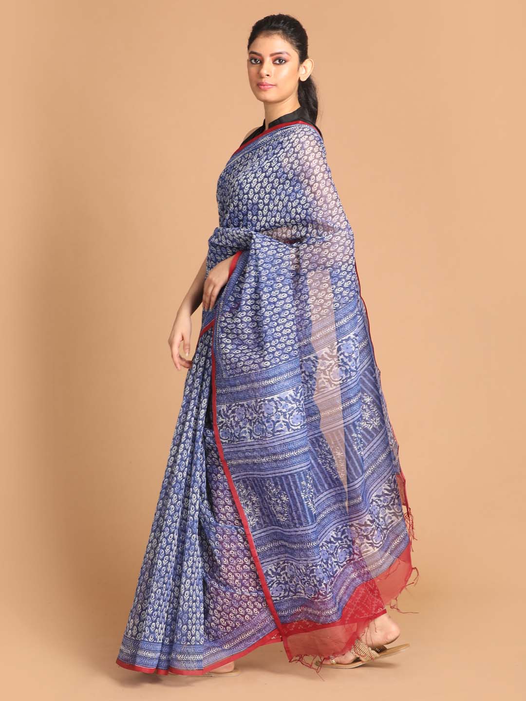 Indethnic Printed Super Net Saree in Blue - View 2