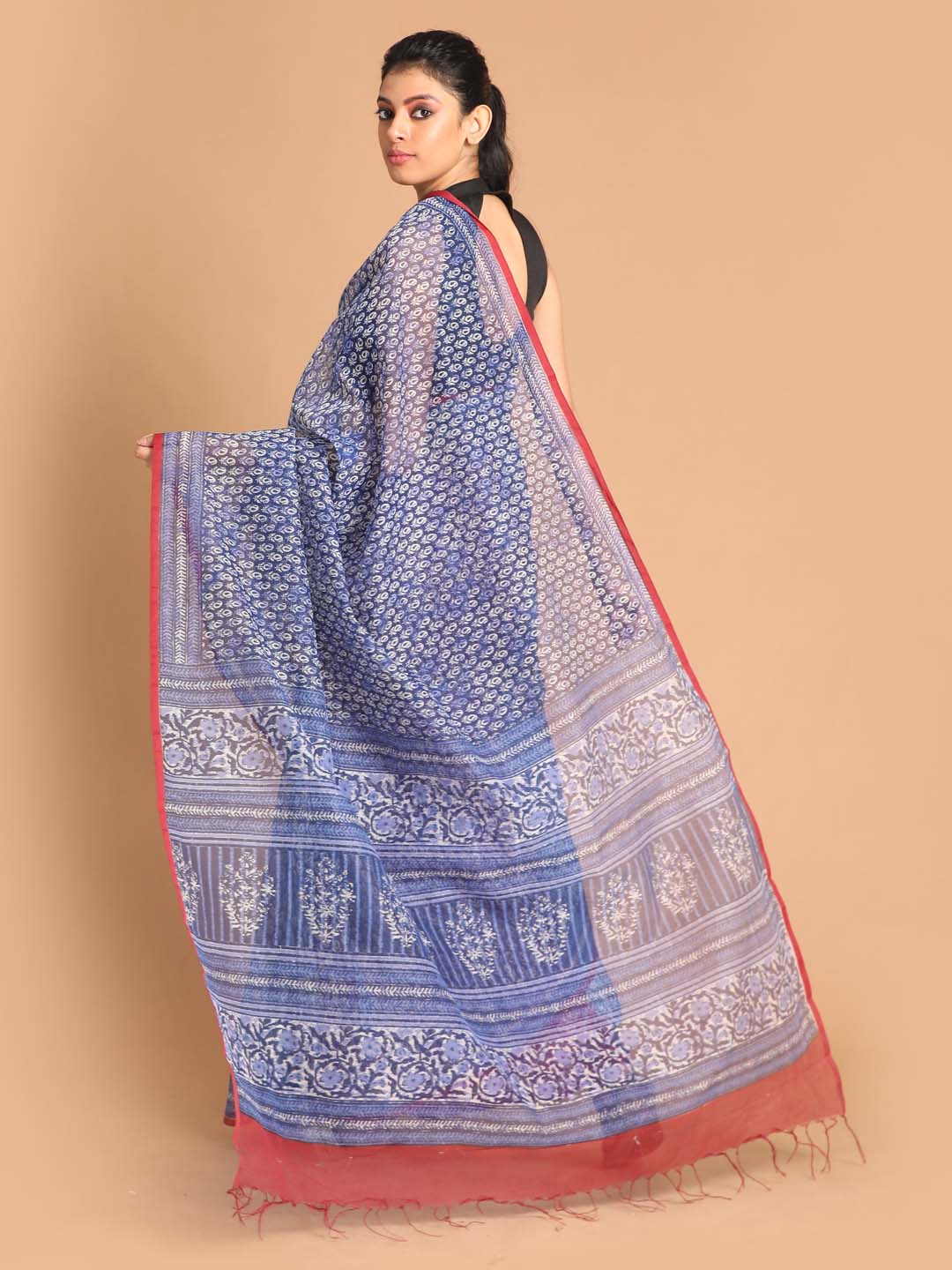 Indethnic Printed Super Net Saree in Blue - View 3