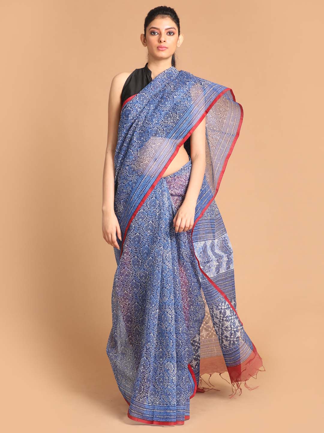 Indethnic Printed Super Net Saree in Blue - View 1