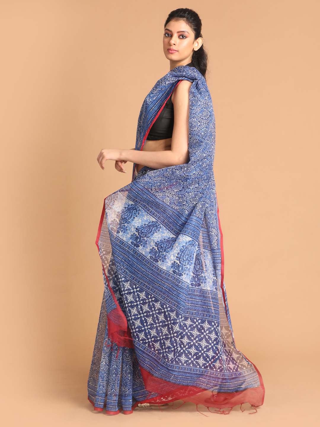 Indethnic Printed Super Net Saree in Blue - View 2