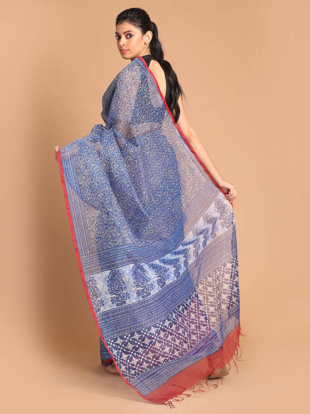 Indethnic Printed Super Net Saree in Blue - View 3