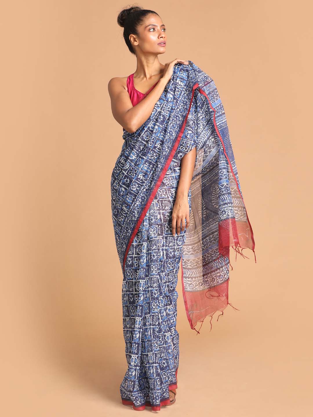 Indethnic Printed Super Net Saree in Blue - View 1