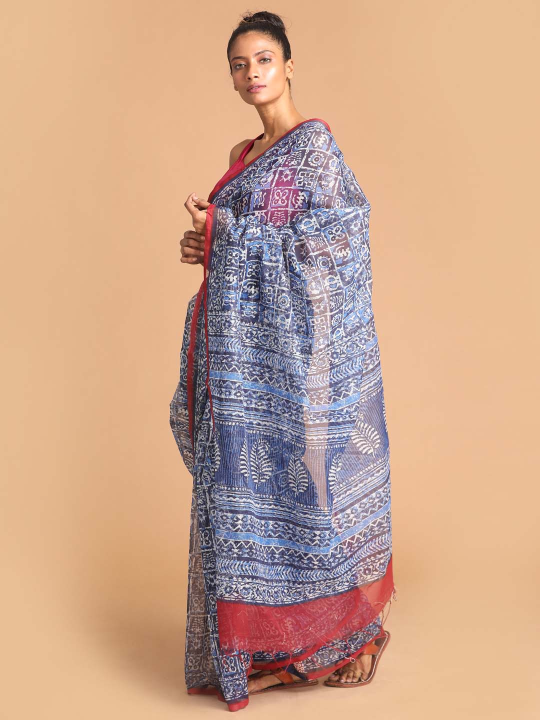 Indethnic Printed Super Net Saree in Blue - View 2